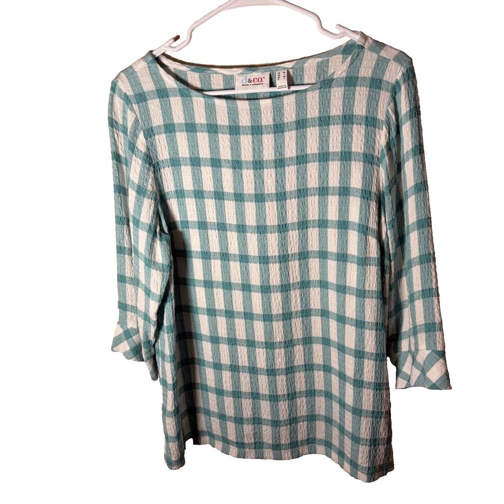 D&CO Denim & Company Blouse Women's Medium Plaid Textured Boat Neck 3/4 Sleeve